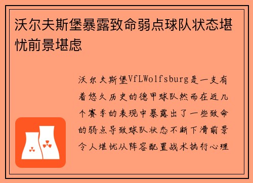 沃尔夫斯堡暴露致命弱点球队状态堪忧前景堪虑
