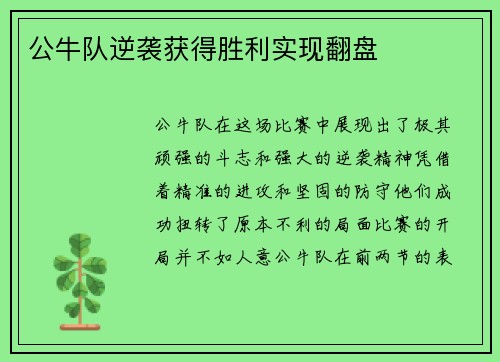 公牛队逆袭获得胜利实现翻盘