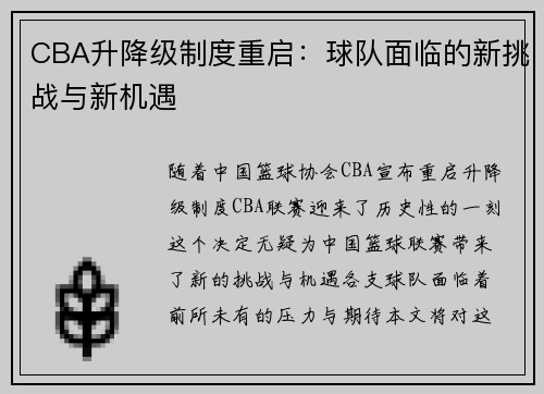 CBA升降级制度重启：球队面临的新挑战与新机遇