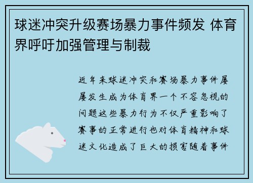 球迷冲突升级赛场暴力事件频发 体育界呼吁加强管理与制裁