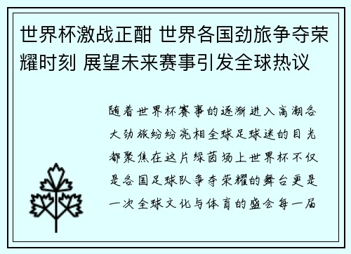 世界杯激战正酣 世界各国劲旅争夺荣耀时刻 展望未来赛事引发全球热议