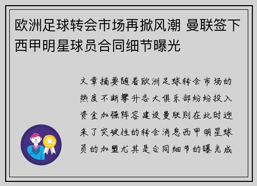 欧洲足球转会市场再掀风潮 曼联签下西甲明星球员合同细节曝光